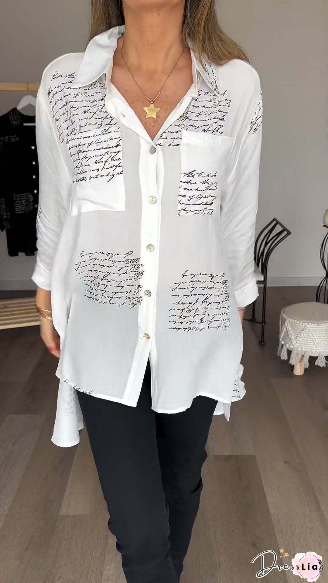 Text Letters Casual Lace Loose Long Sleeve Blouse