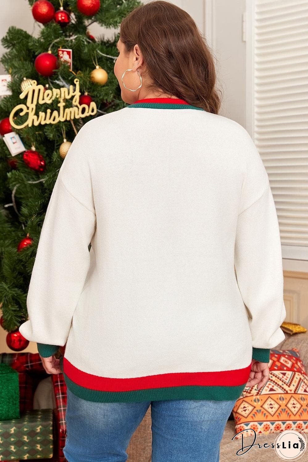 White Tinsel holly jolly Pattern Colorblock Edge Drop Shoulder Plus Size Sweater
