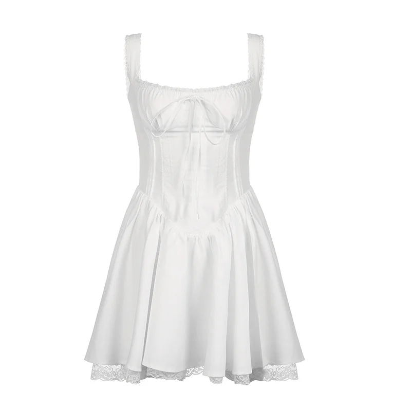 Ueong Splicing Waist Fold Plastic Waist Show Thin Halter Skirt 2024 French Lace Ballet Style Swinging Dress