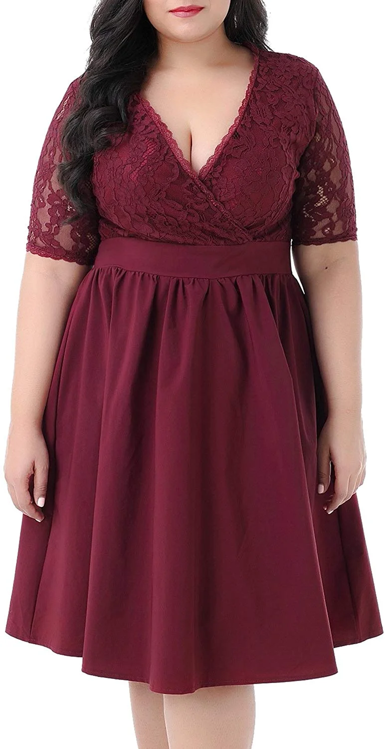 Women's Half Sleeves V-Neckline Lace Top Plus Size Cocktail Party Swing Dress