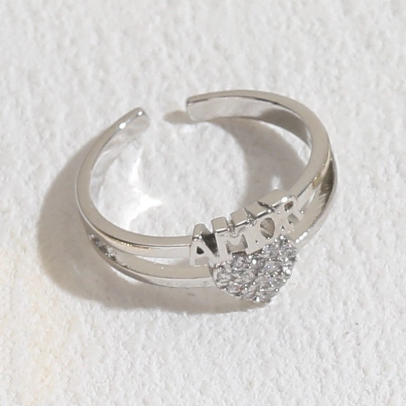 Glam Letter Heart Shape Copper Inlay Zircon 14k Gold Plated Open Ring