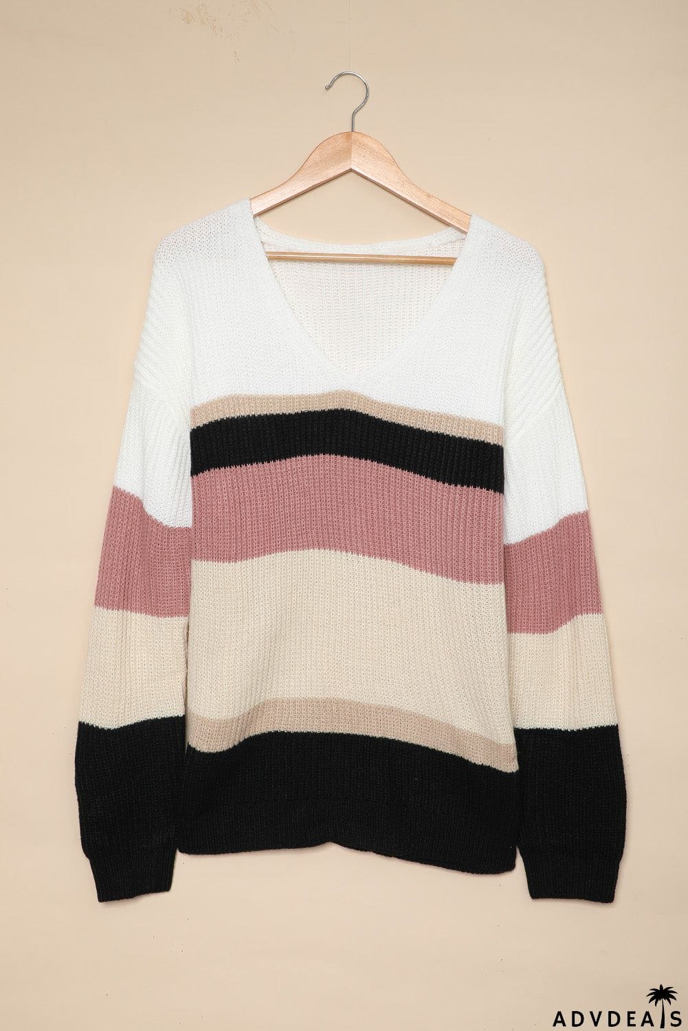 Khaki Colorblock V Neck Ribbed Knitted Sweater