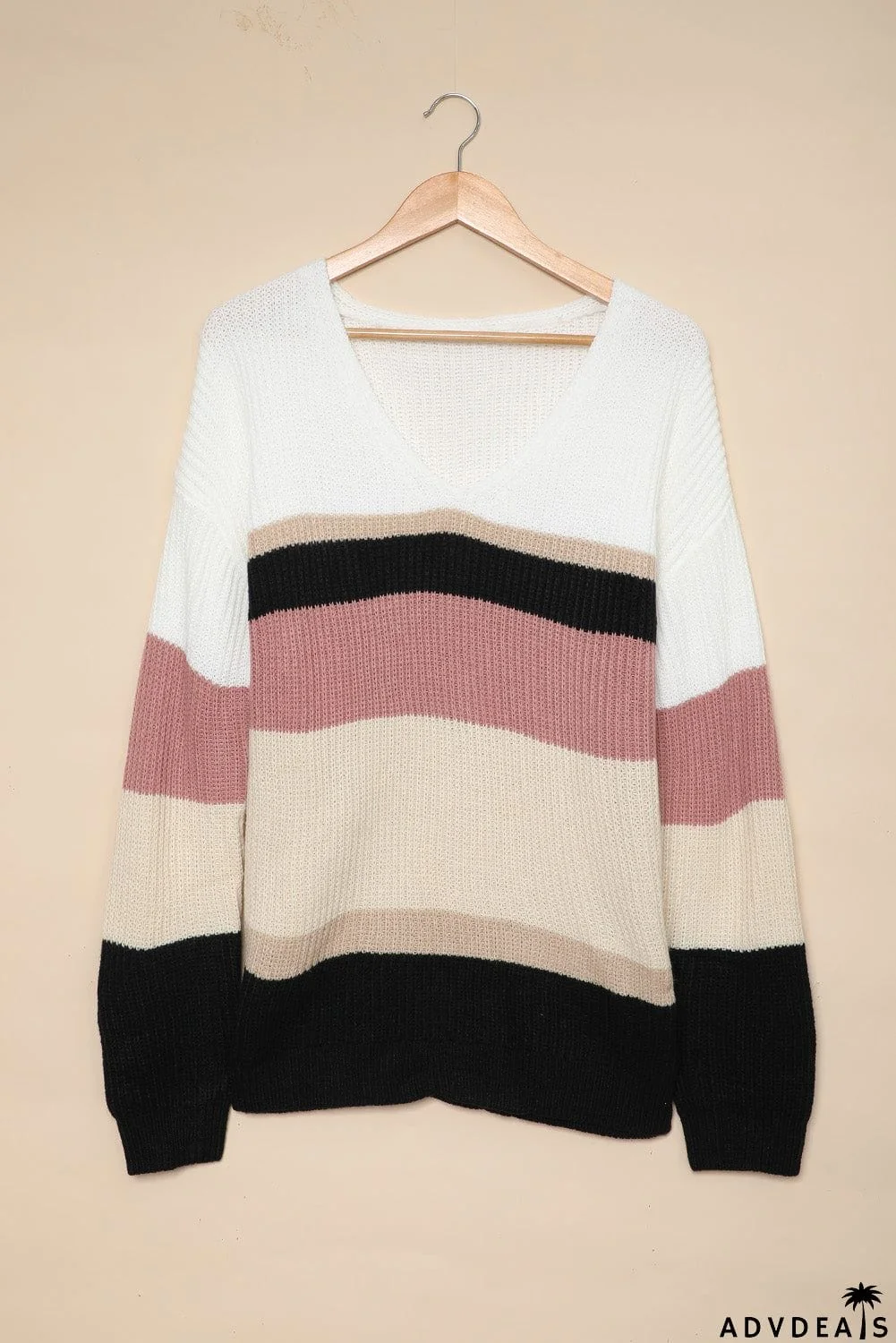 Khaki Colorblock V Neck Ribbed Knitted Sweater