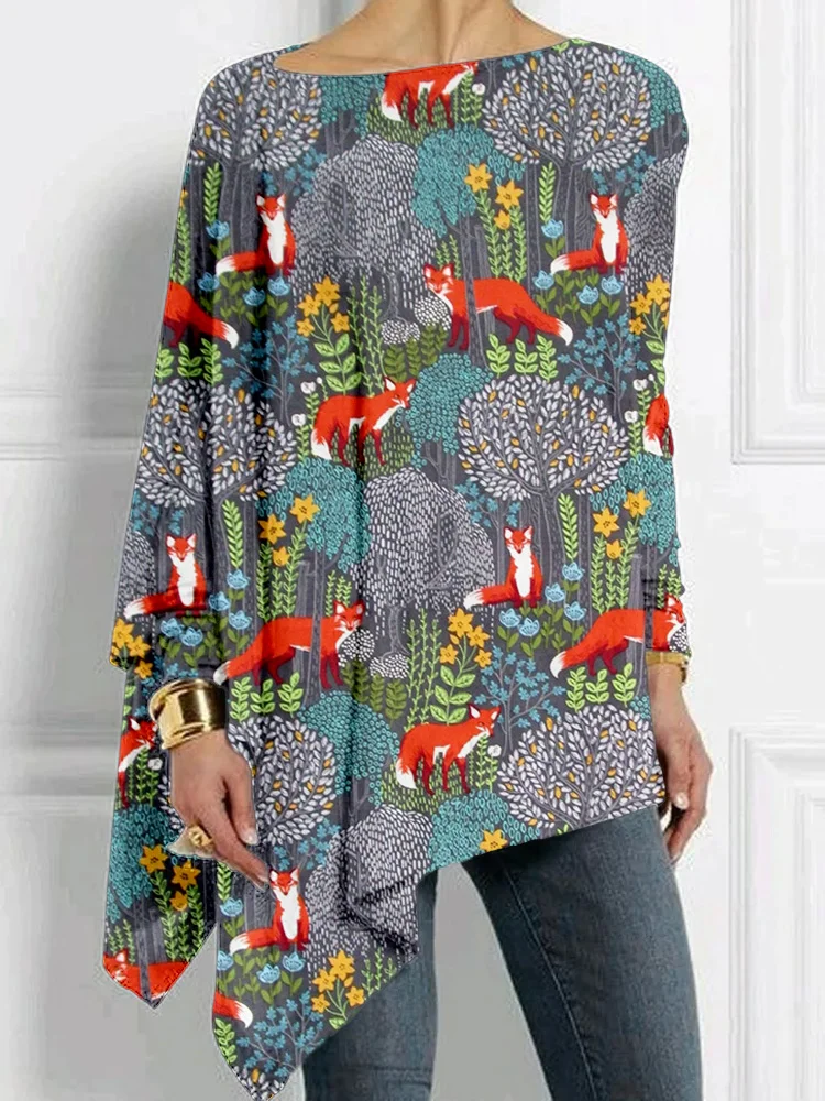 Fox in the Forest Graphic Comfy Bat Sleeve T Shirt