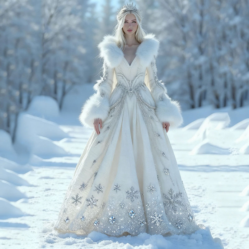 Vintage Embroidered Diamond Snowflake Fur Collar Flowing Maxi Dress