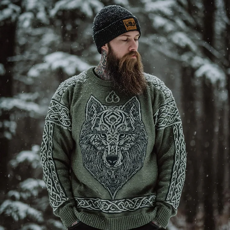 Men's Vintage Viking Wolf Celtic Round Neck Cozy Knit Sweater