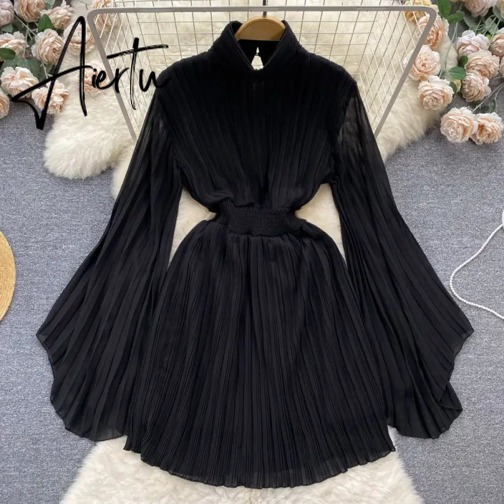 Elegant Solid Stand Collar Fold Waist Closed Dress Women Leisure Pleated Vestido Female Summer New Tide Fashion Aiertu