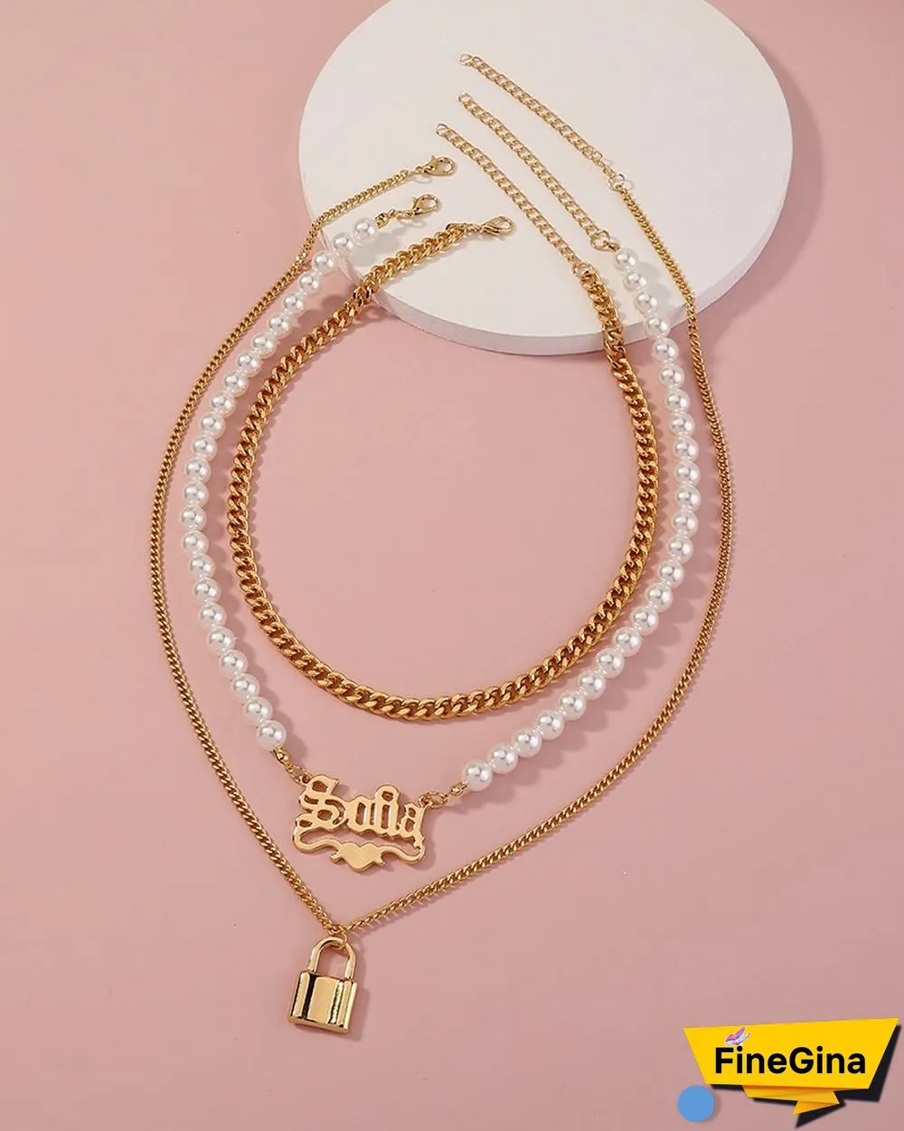 3PCS Letter & Lock Pendant Beaded Chain Necklace