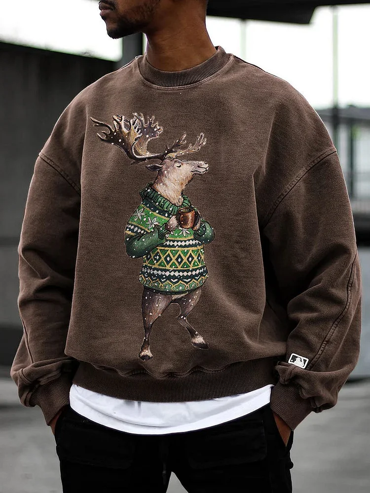 Men's Casual Stripe Sweater Coffee Elk Graphic Print Sweatshirt
