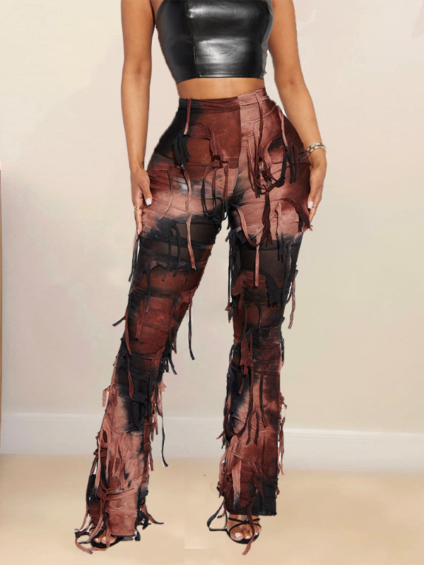 Statement Street Style Fringed Lace Up Tie-dye Flare