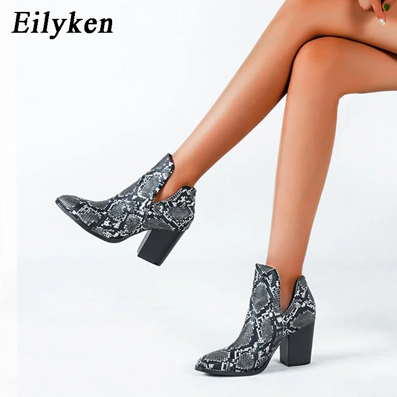 Christmas Gift New Mixed Colors  Snake grain Ankle Boots Female Square Heels Shoes Slip-on Pu Leather Thick Heels Chelsea Boots Women