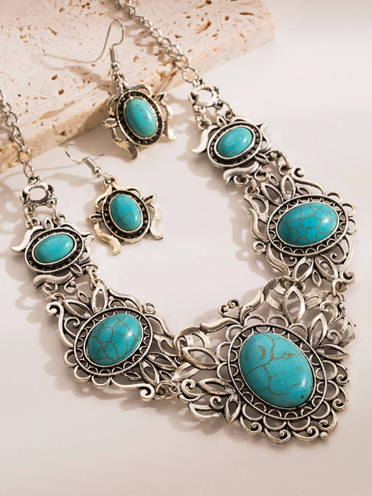 Bohemian Hollow Turquoise Alloy Chain Necklace & Drop Earrings 3Pcs Set