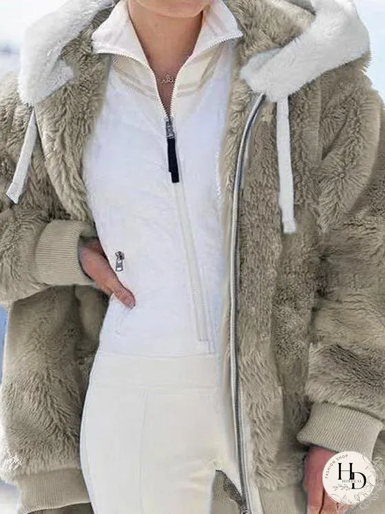 Coats Loose Zipper Hooded Plush Coat for Women