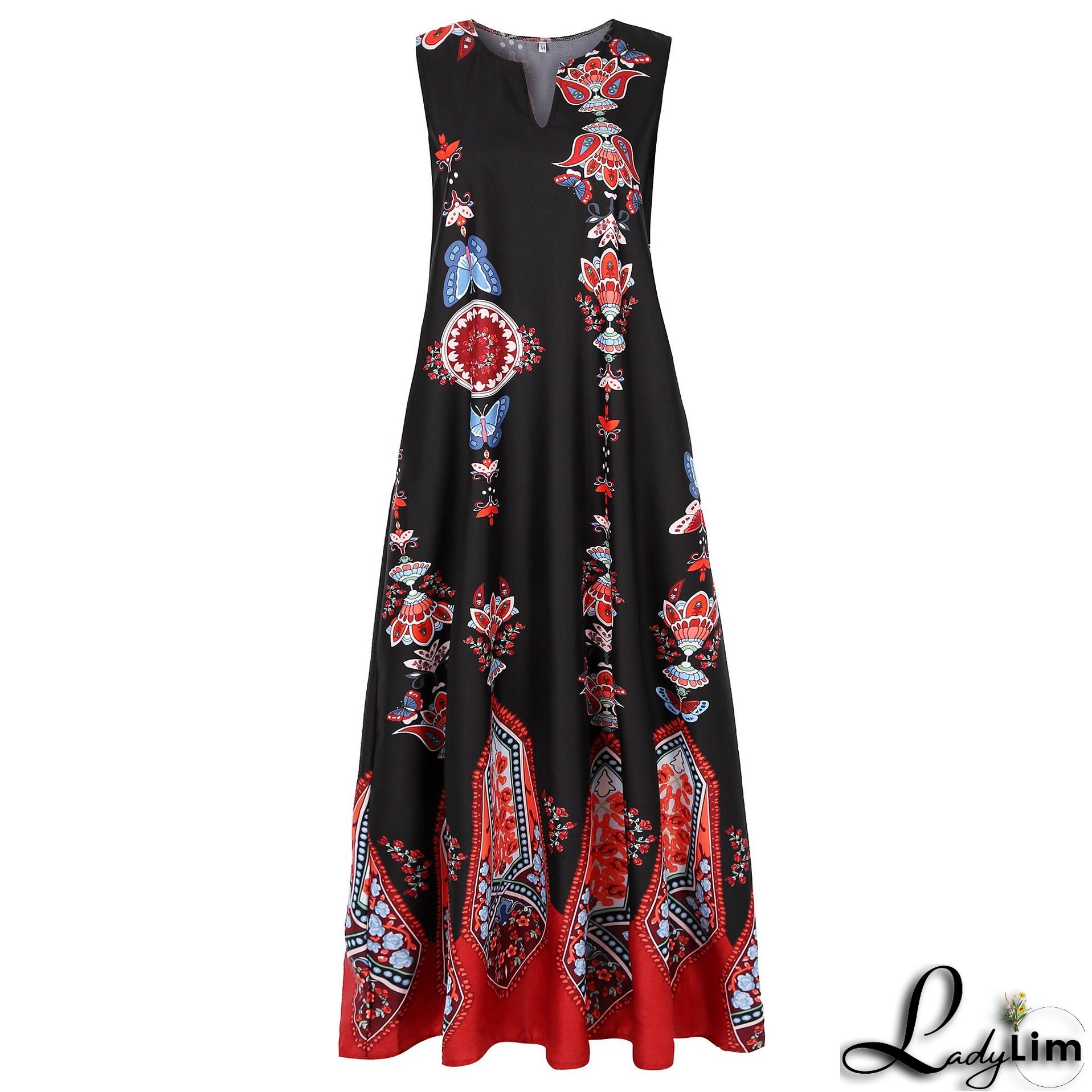 Vintage print dress V-neck sleeveless