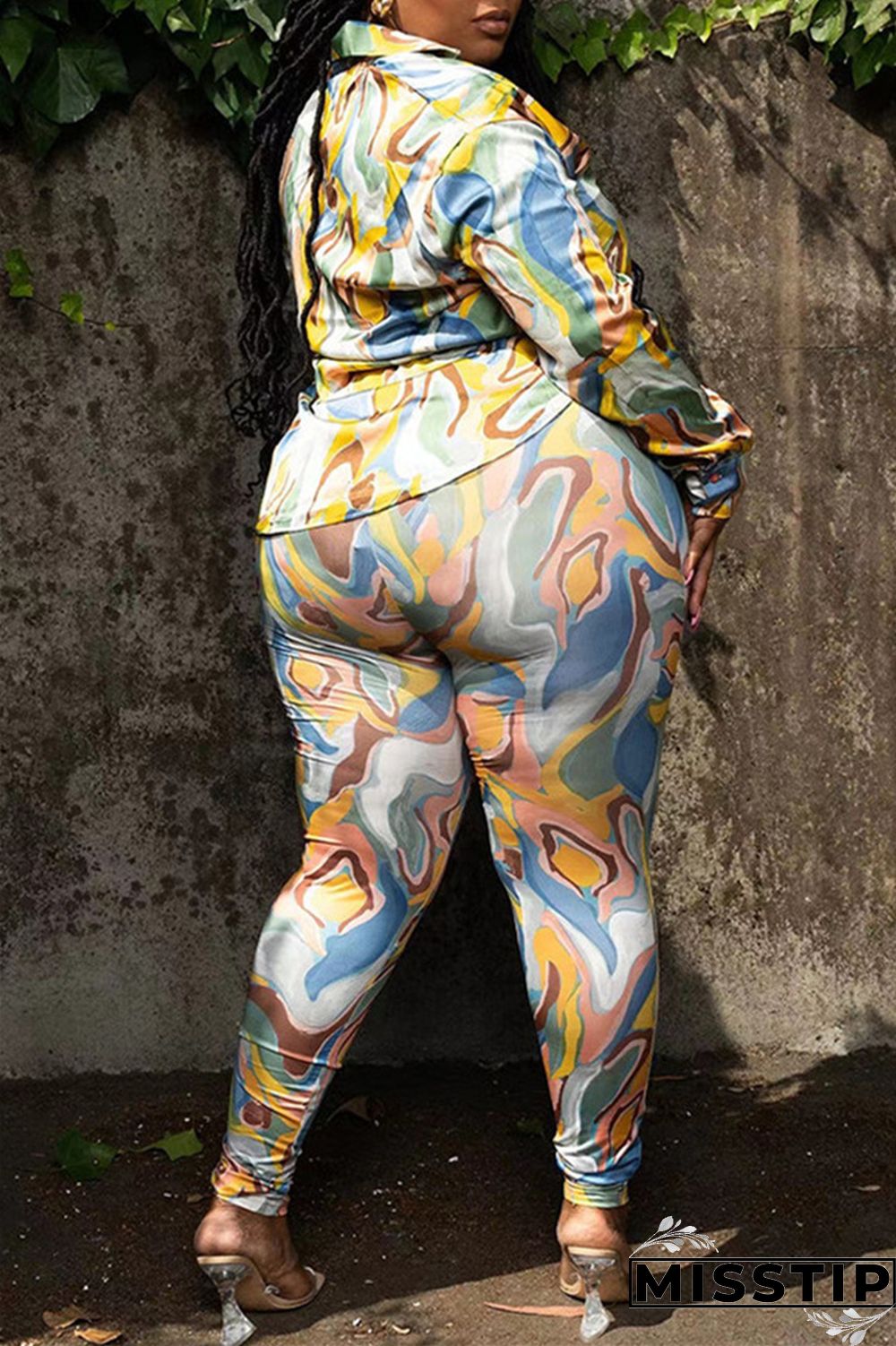 Orange Yellow Casual Print Patchwork Turndown Collar Plus Size Two Pieces