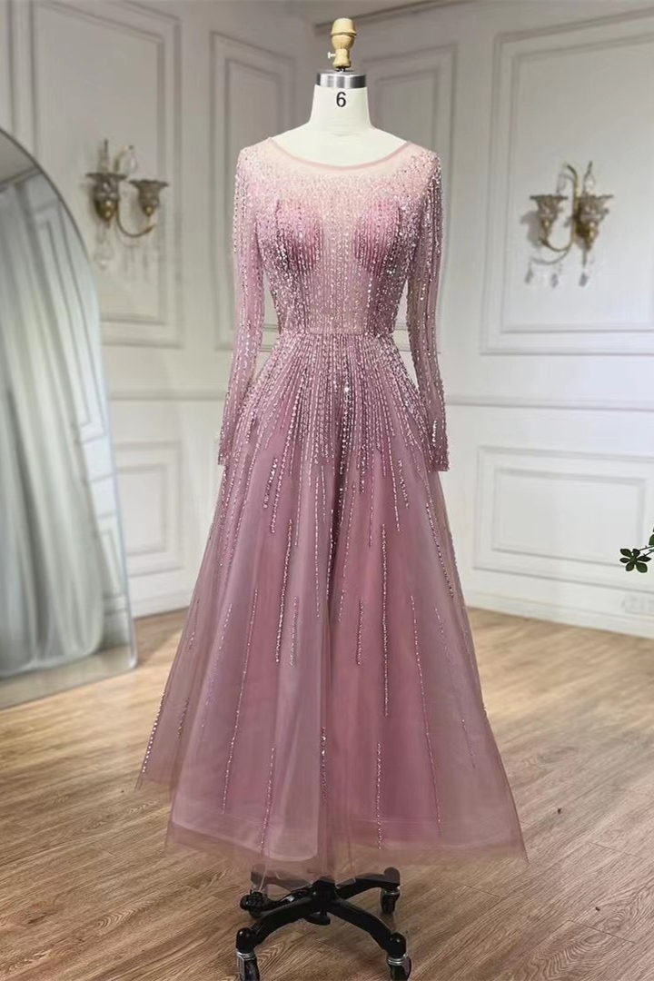 Bellasprom Pink Scoop Long Sleeves A-Line Prom Dress Beadings On Sale Bellasprom