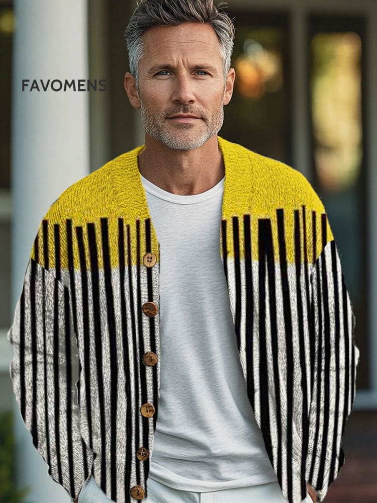 Retro Simple Lines Art Print Buttoned Cardigan Sweater Multicolor / S
