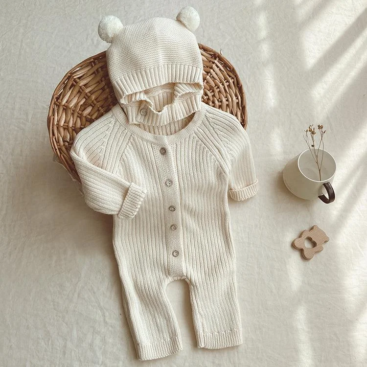 Baby Boy/Girl Solid Color Button Up Long Sleeve Knit Romper with Hat