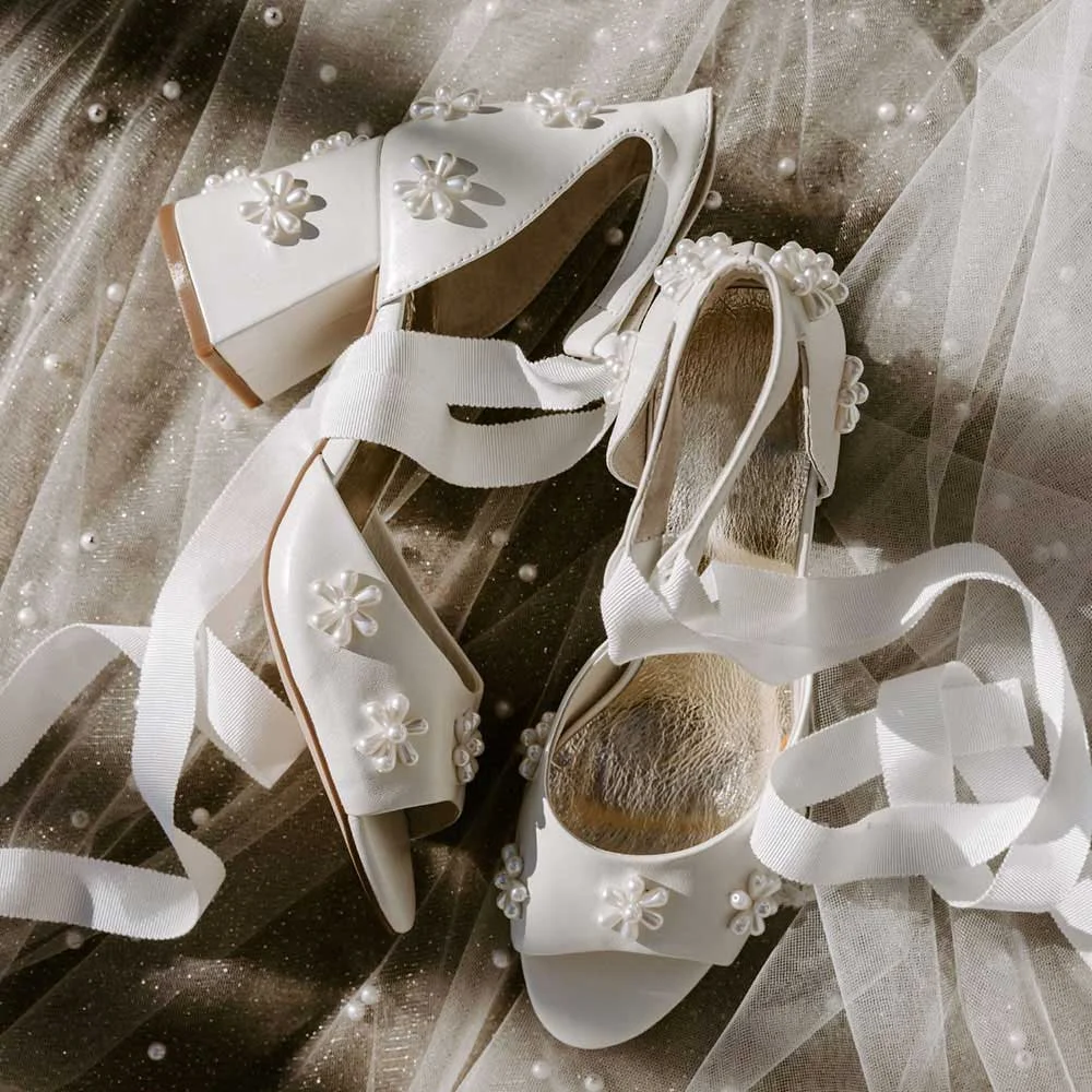 White Pearl Peep Toe Chunky Heel Ankle Strap Pumps for Wedding Nicepairs
