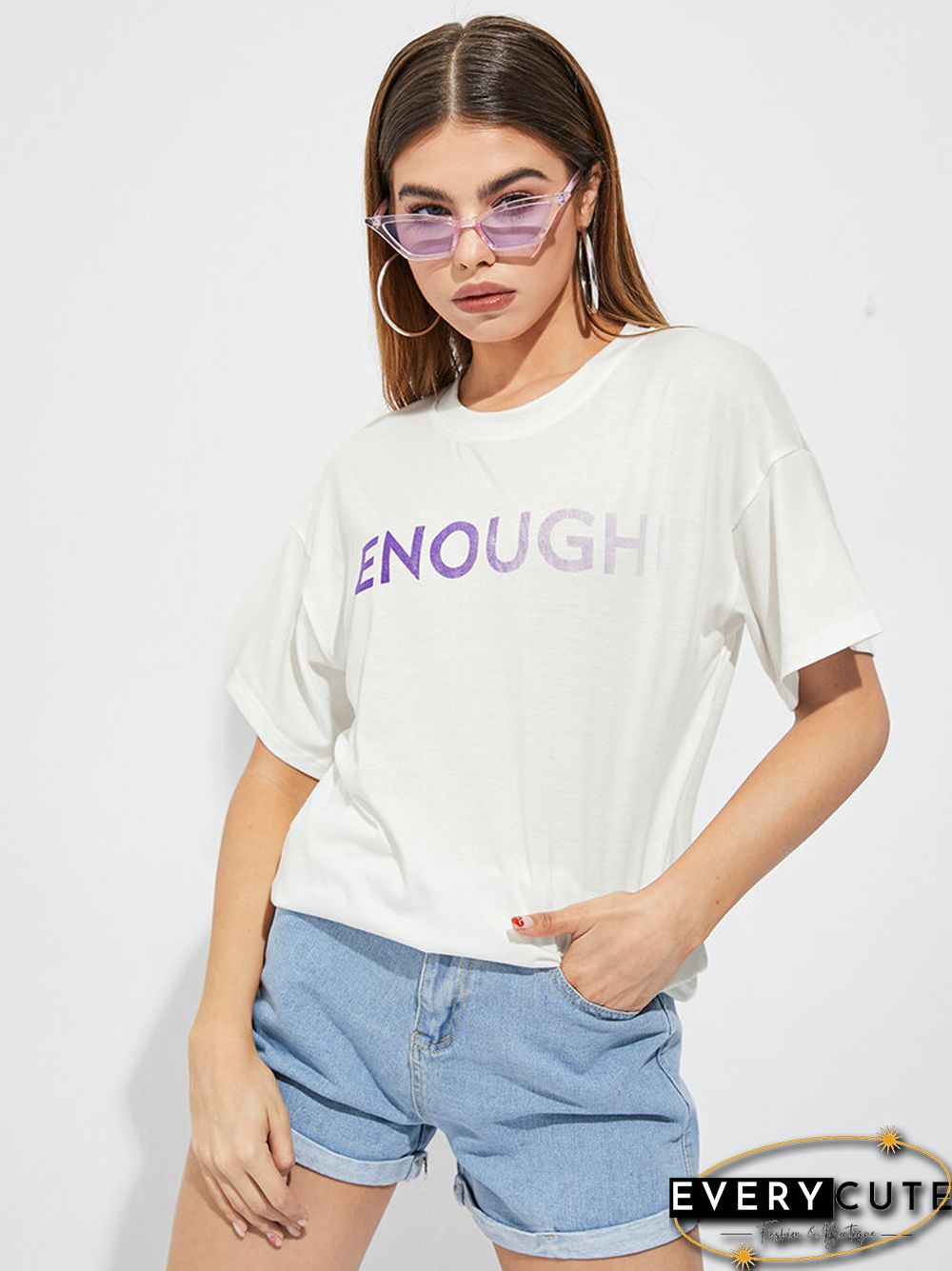 Ombre Letters Print Short Sleeve Crew Neck Casual T-shirt