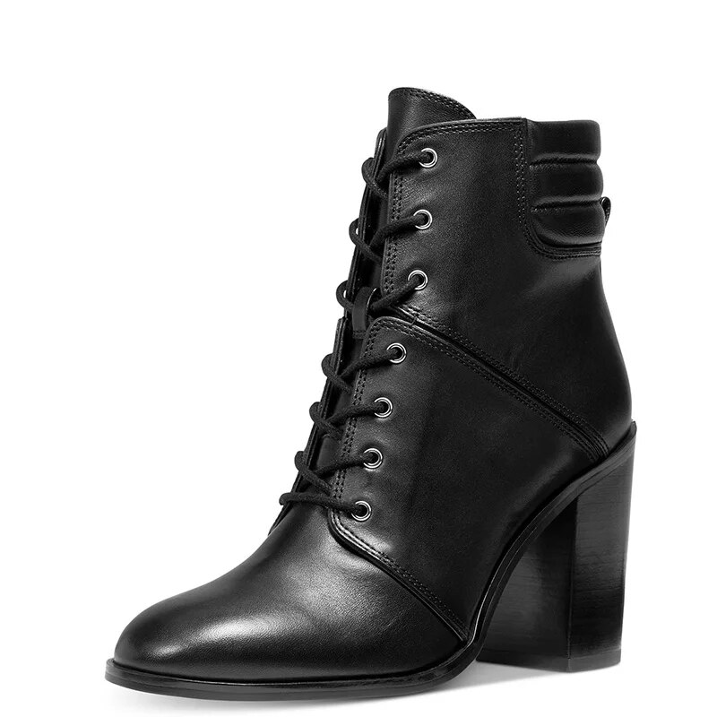 TAAFO Black High Chunky Heels Round Toe Woman Ankle Boots Booties Ladies Shoes 