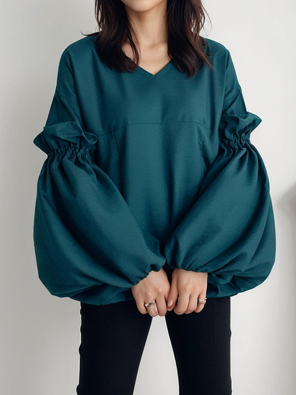 Pleated Lantern Long Sleeve Solid Color Loose Blouses