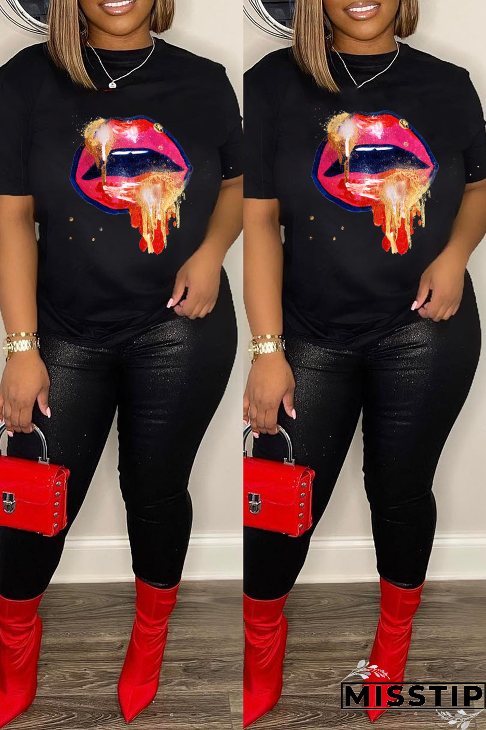 Black Street Print Patchwork O Neck T-Shirts