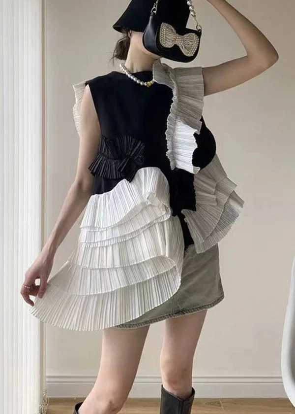 Style Black Ruffled Asymmetrical Patchwork Chiffon Top Sleeveless