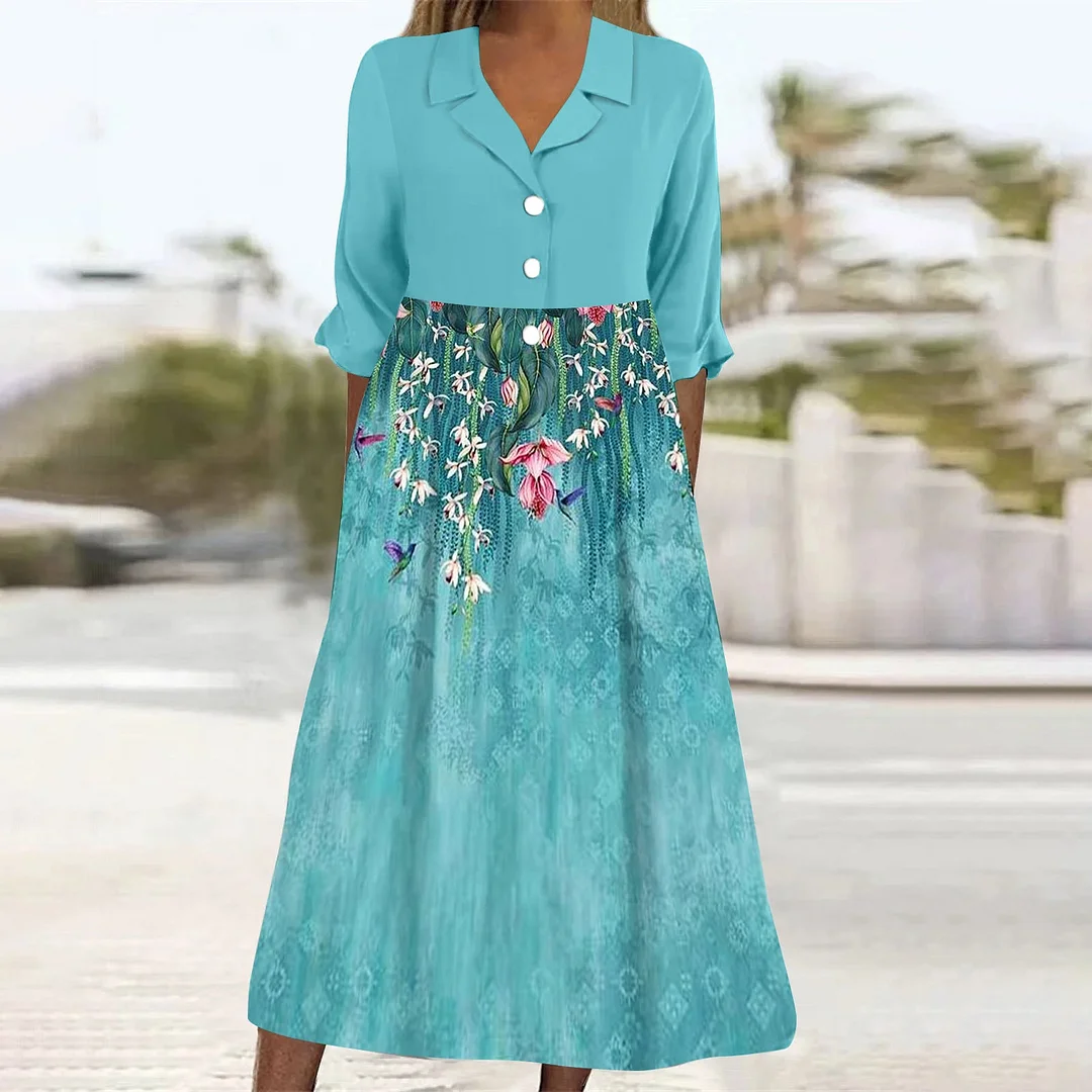 Women's Casual Short-Sleeve Button-Down Collar Midi Dress with Pockets Printed in Green, Floral, Pink