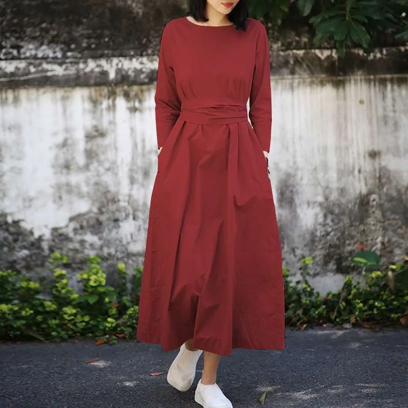 2022 ZANZEA Women Elegant Spring Long Sleeve Lace Up Sundress Vintage OL Work Vestidos Solid Kaftan Dress Robe Femme Oversize