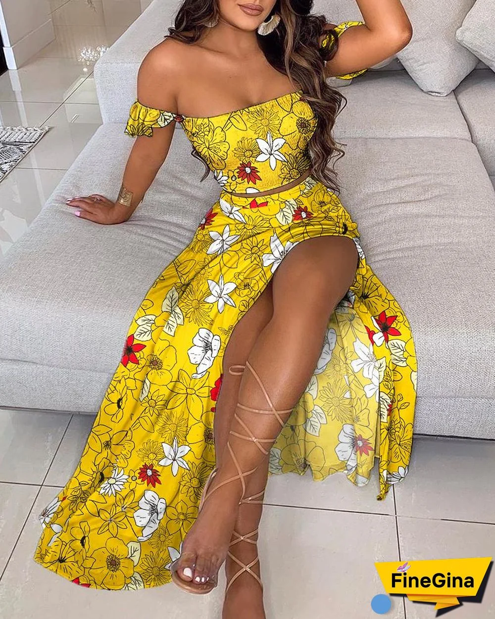 Off Shoulder Floral Print Ruffles Top & High Slit Maxi Skirt Set