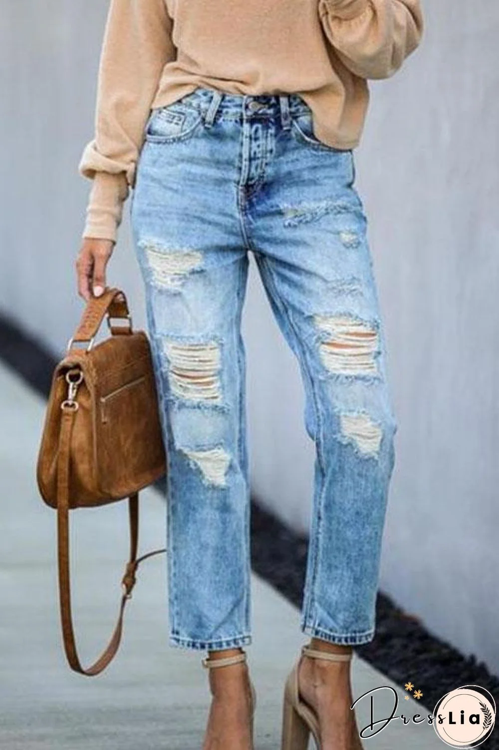 Mid Waist Ripped Jeans