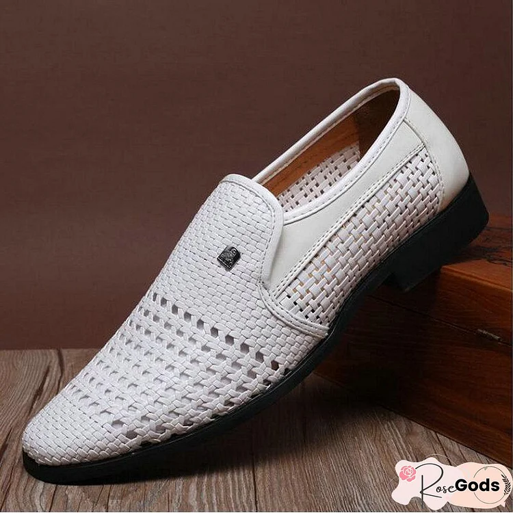 Men Vintage Genuine Leather Soft Bottom Slip-On Hollow Weave Sandals Shoes