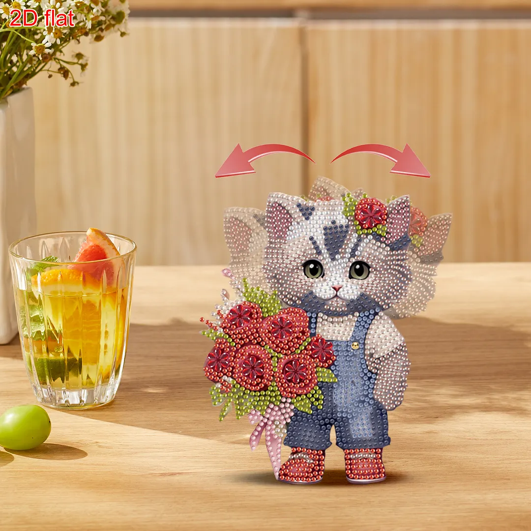 Cat Rose DIY 2D Flat Acrylic Desktop Diamond Art Kit with Rocking Function Decor