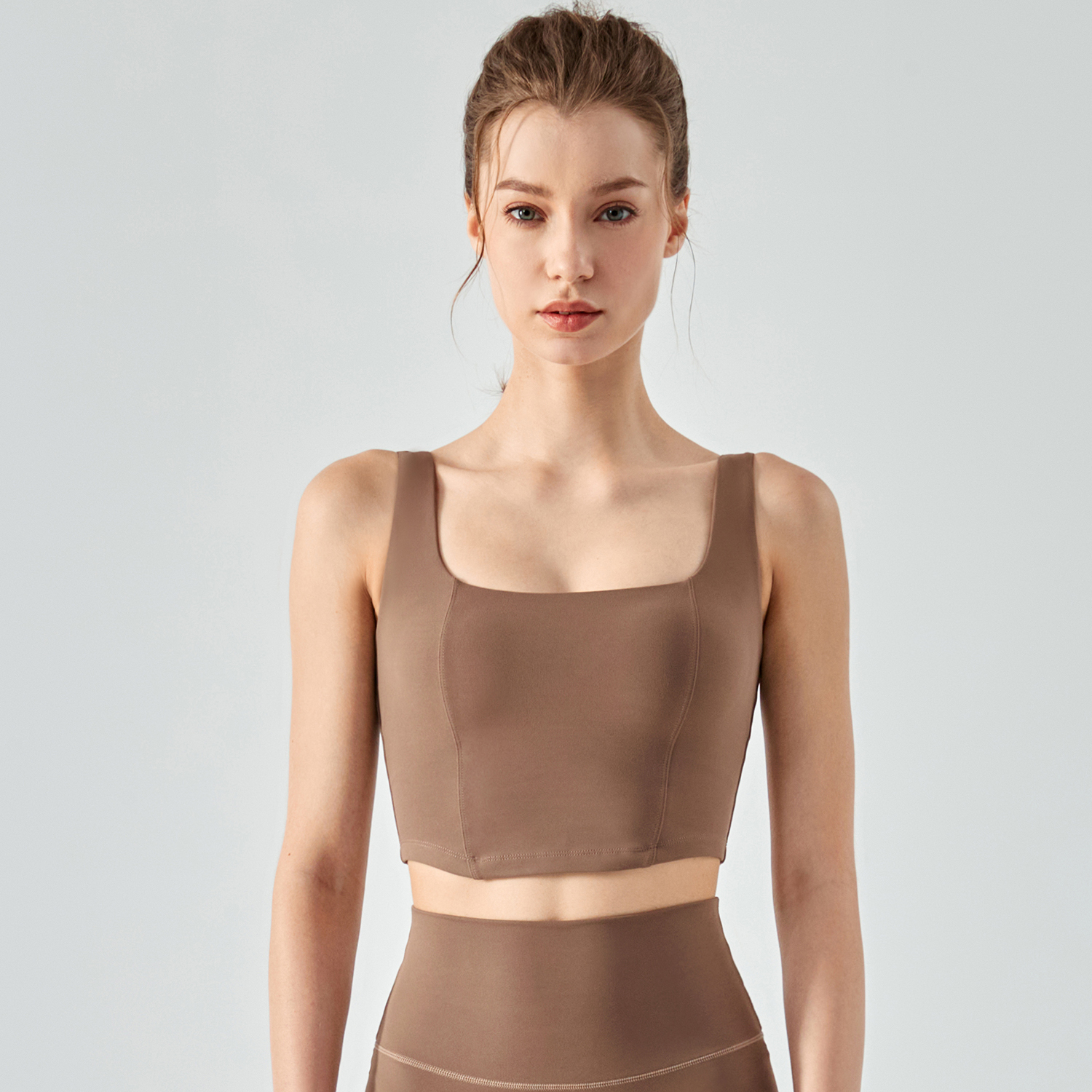 Buy Hergymclothing Chocolate ladies fishbone line naked feeling square neck yoga gym sports vest online
