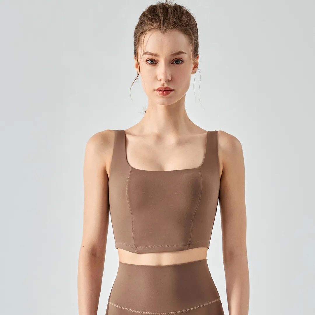Buy Hergymclothing Chocolate ladies fishbone line naked feeling square neck yoga gym sports vest online
