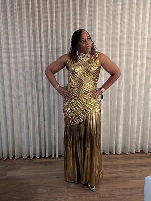 green emerald velvet dress New Era Gold Metallic Pleated Maxi Dress main image 0