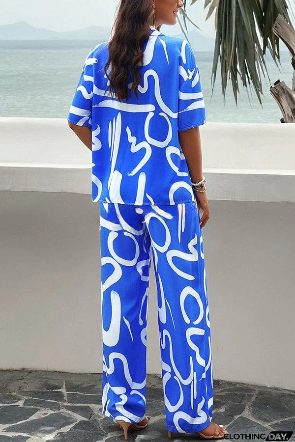 Fun Printed Button Pocket Long Sleeve Shirt and Elastic Waist Pants Set