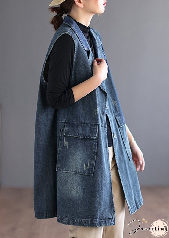 Plus Size Blue Peter Pan Collar Pockets Denim Waistcoat Long Sleeve