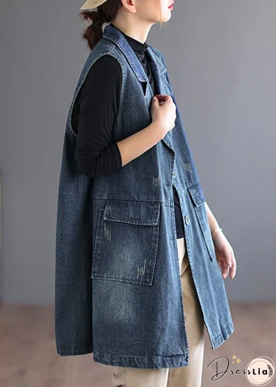 Plus Size Blue Peter Pan Collar Pockets Denim Waistcoat Long Sleeve