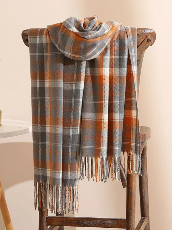Original Creation Contrast Color Plaid Tasseled Shawl&Scarf