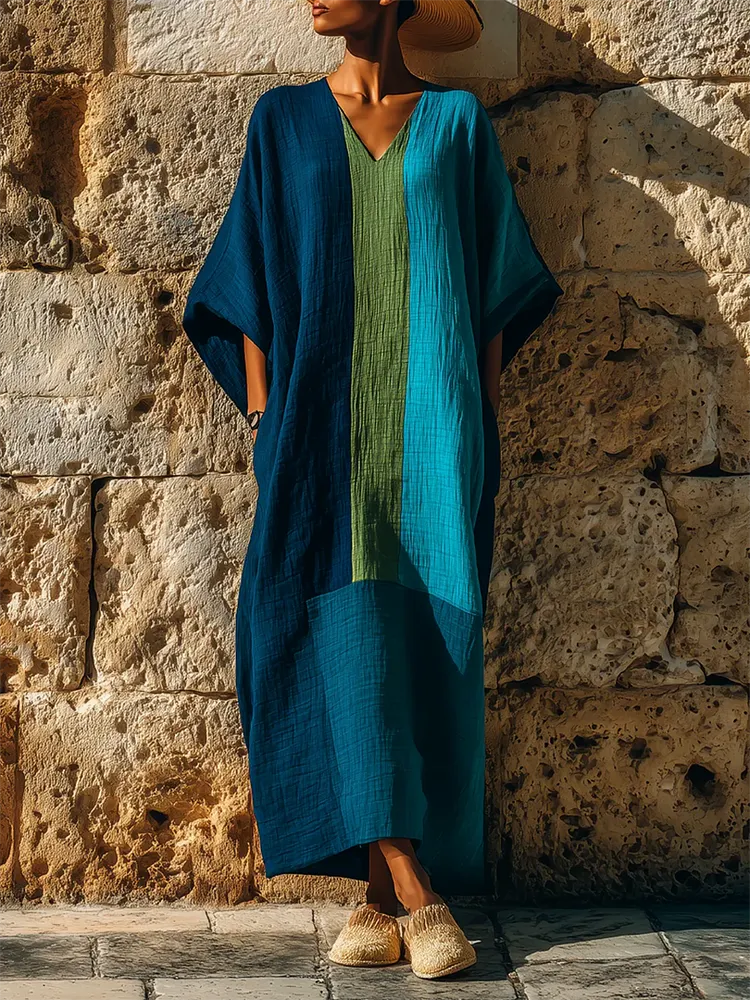 Artistic Color-block Geometric Cotton-linen Maxi Dress