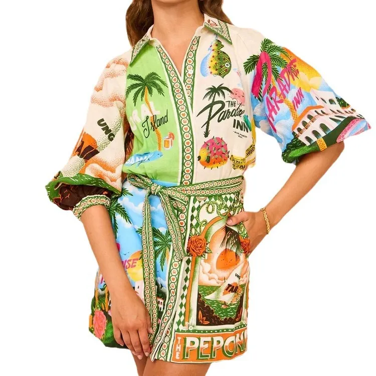 Uveng Uveng Women's Wear 2024 Casual Fashion Print Shirt Cardigan Cropped Sleeve Commuter Dress