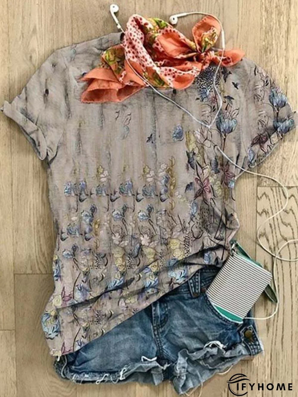 Short Sleeve Casual Crew Neck Floral-print T-shirt | IFYHOME