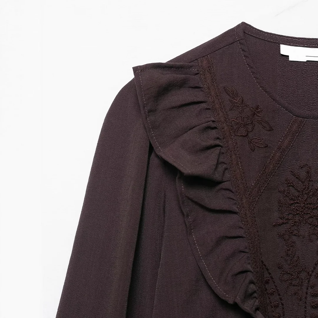 Nigikala Nigikala New Fashion Temperament Women's Pure Color Flower Embroidery Shirt 7200226