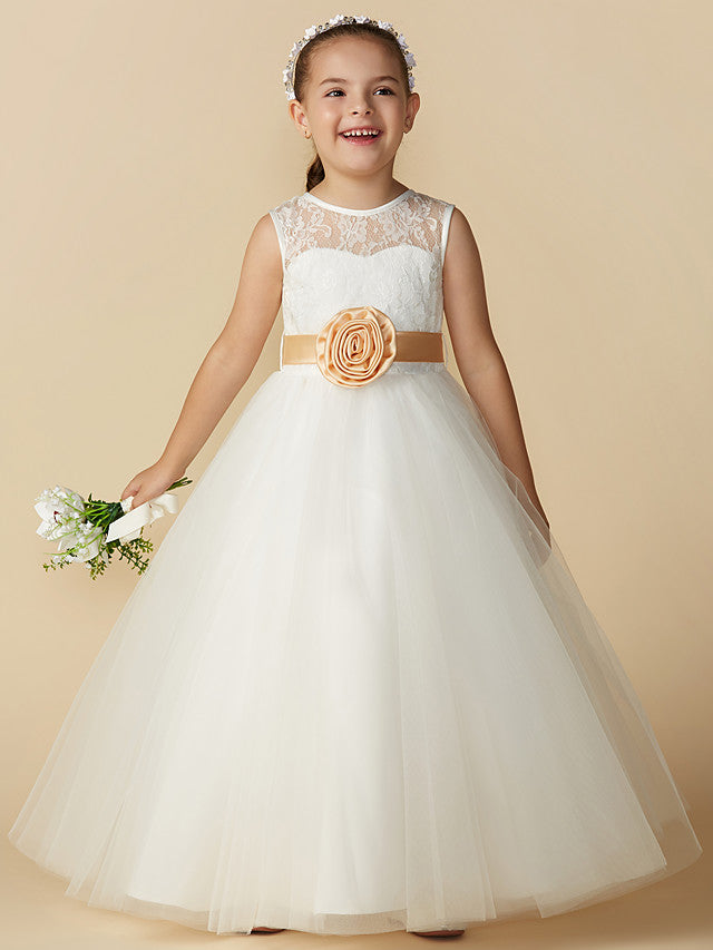 Oknass Princess Sleeveless Jewel Neck Ankle Length Flower Girl Dress Lace Tulle  With Sash Ribbon Bow Handmade Flower