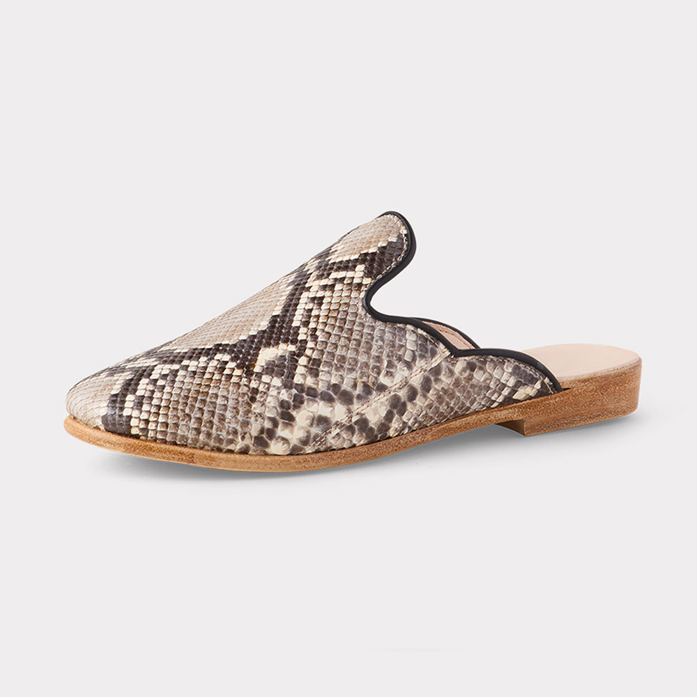 Beige & Black Python Embossed Round Toe Slip-On Flat Mules Shoes Nicepairs