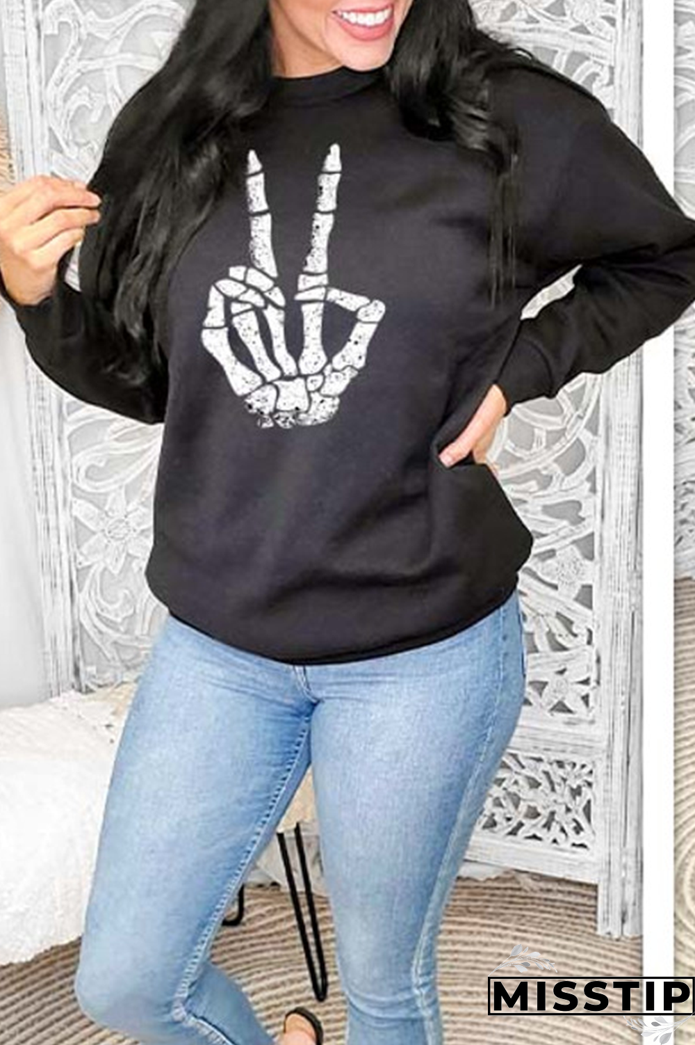 Black Street Vintage Print Patchwork O Neck Tops