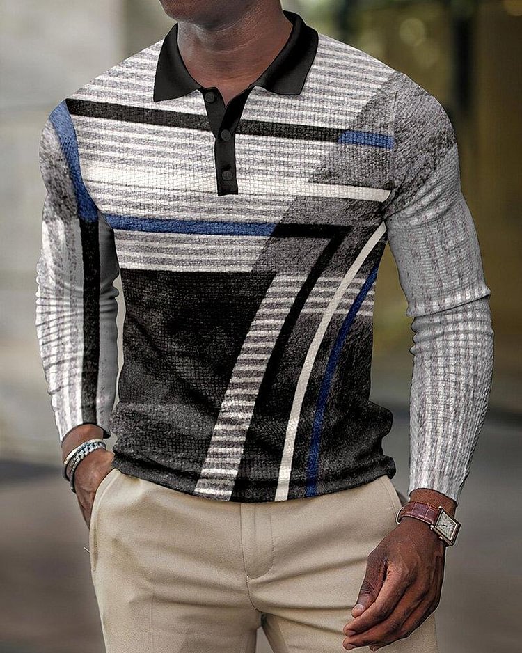Men's Fashion Dark Gray Abstract Geometric Printing Retro Polo Shirt