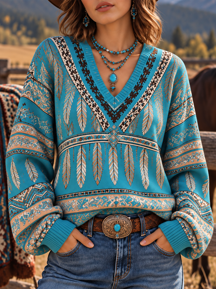 Comstylish Women's Western Cowboy Ethnic Continuous Print Feather Color-block V-neck Sweater